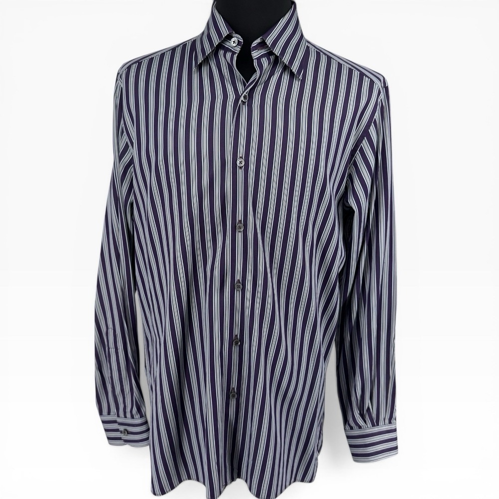 Ermenegildo Zegna Shirt Mens Large L Purple White Striped Long Sleeve Cotton